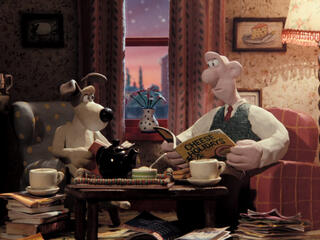 Wallace and Gromit looking at each other.