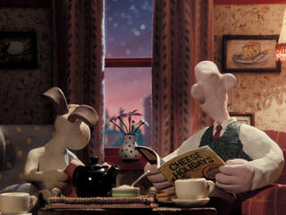Wallace and Gromit looking towards the window in the background.
